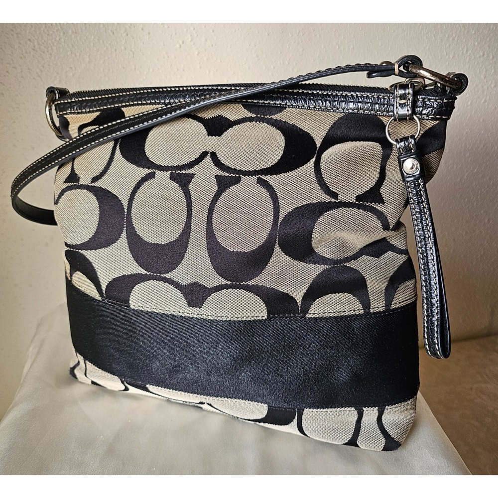 Coach Signature‎ Stripe Canvas Tote Shoulder Bag Black Trim F13774